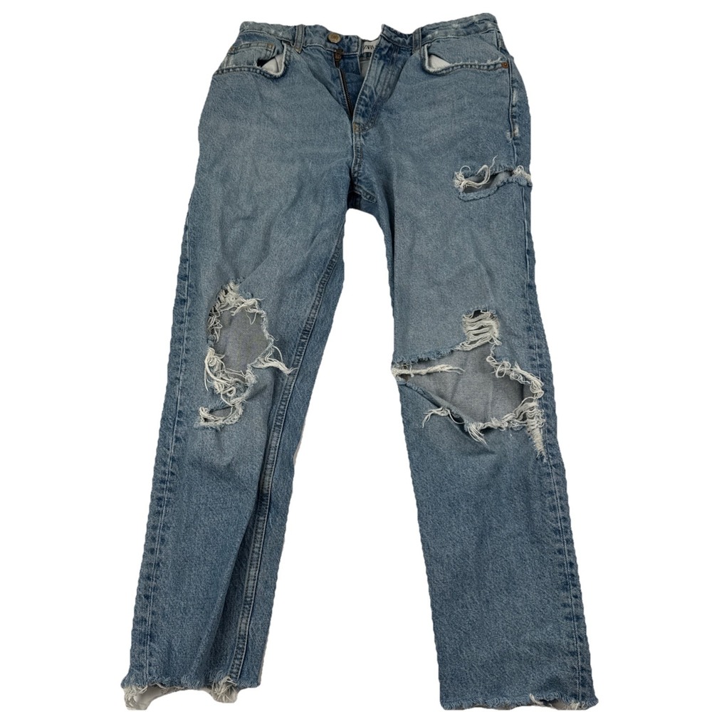 Zara Womens Distressed Ripped Straight Leg Jeans Light Wash Blue USA 6 29x24